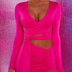 Hot Pink Oh Polly Cut A Figure Cropped Wrap Top